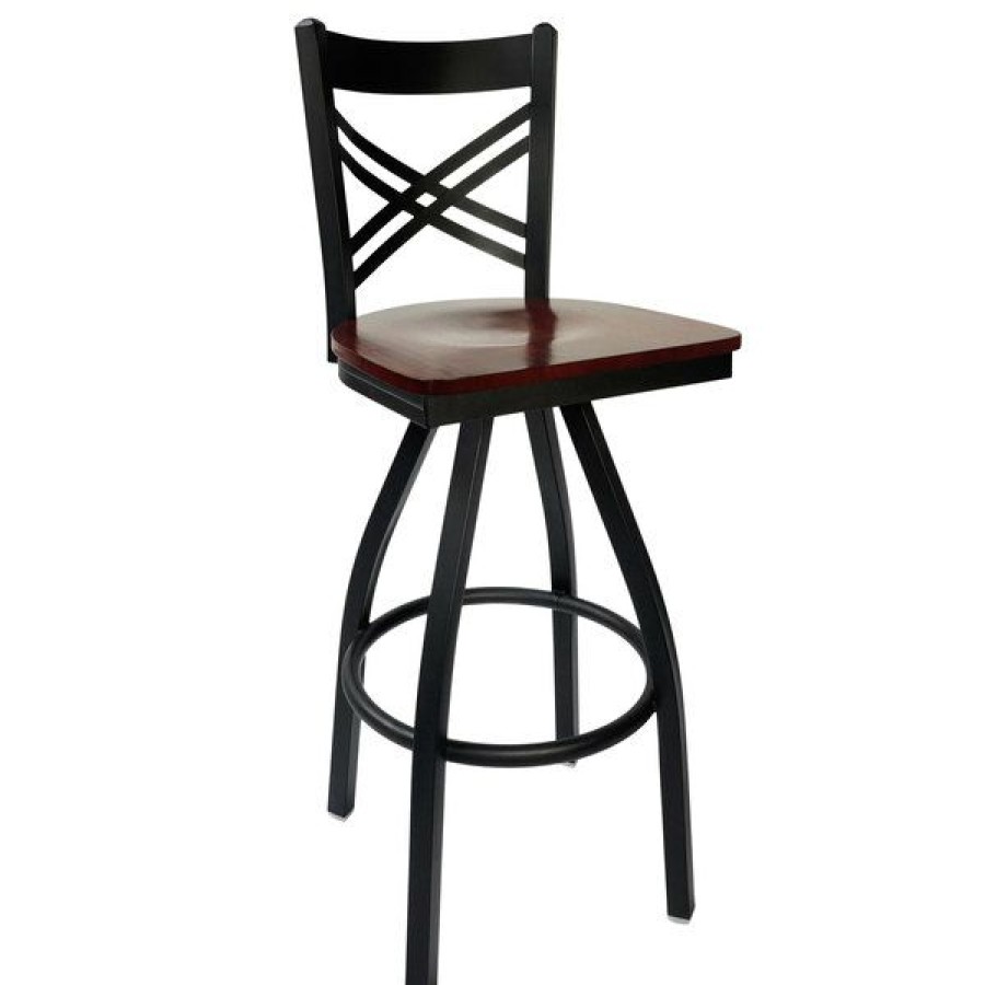 Restaurant Bar Stools * | Discount Bfm Seating 2130Smhw-Sb Akrin Metal Barstool With Mahogany Wood Swivel Seat