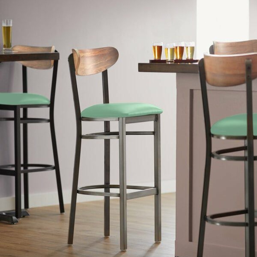 Restaurant Bar Stools * | Cheapest Lt&S Boomerang Series Lancaster Table & Seating Boomerang Bar Height Clear Coat Chair With Seafoam Vinyl Seat And Vintage Wood Back