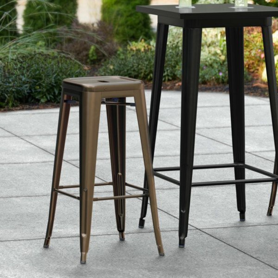 Outdoor Restaurant Bar Stools * | Hot Sale Lt&S Alloy Series Lancaster Table & Seating Alloy Series Copper Stackable Metal Indoor / Outdoor Industrial Barstool With Drain Hole Seat