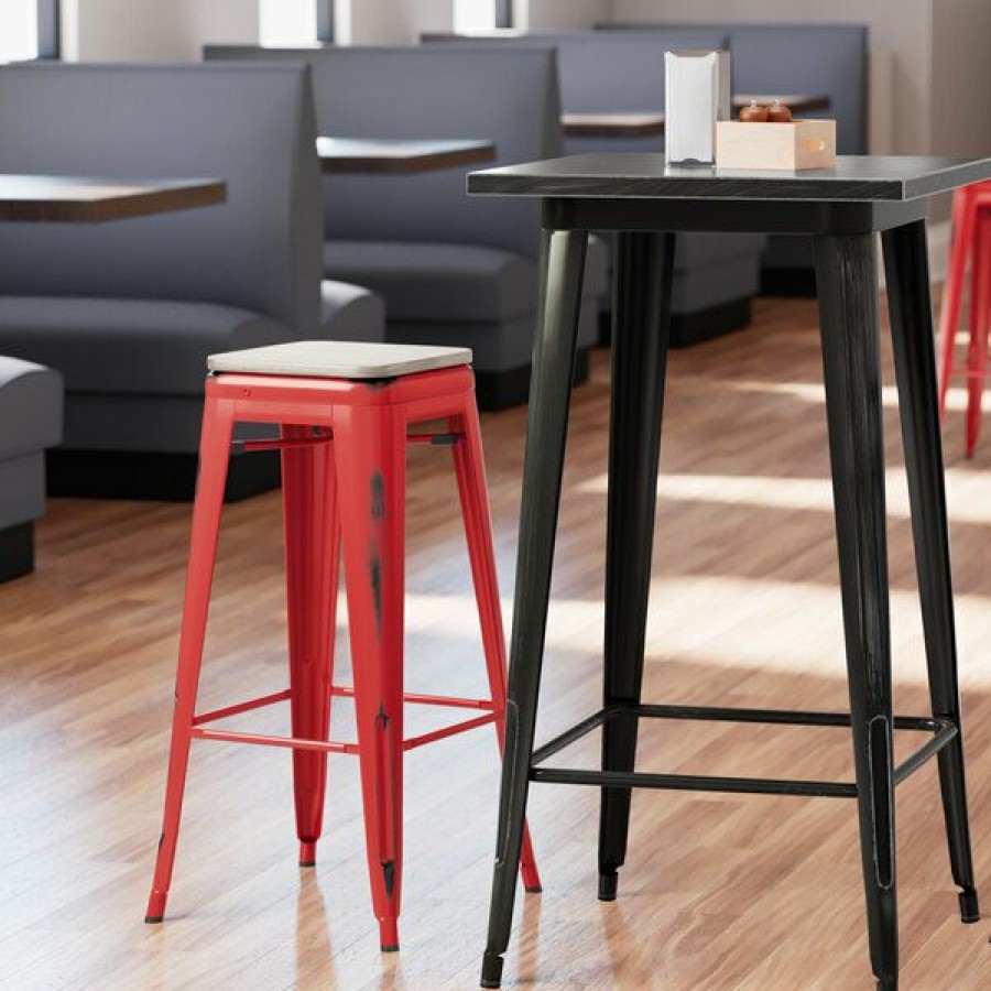 Restaurant Bar Stools * | Flash Sale Lt&S Alloy Series Lancaster Table & Seating Alloy Series Distressed Red Stackable Metal Indoor Industrial Barstool With Gray Wood Seat