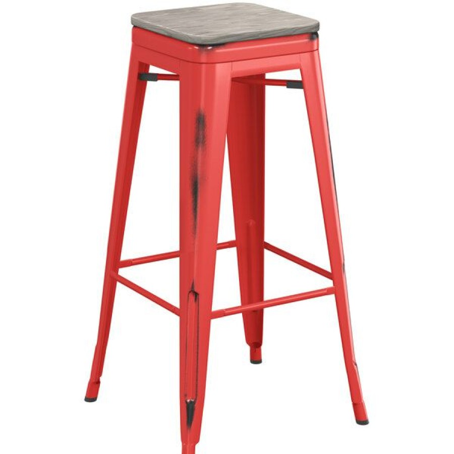 Restaurant Bar Stools * | Flash Sale Lt&S Alloy Series Lancaster Table & Seating Alloy Series Distressed Red Stackable Metal Indoor Industrial Barstool With Gray Wood Seat