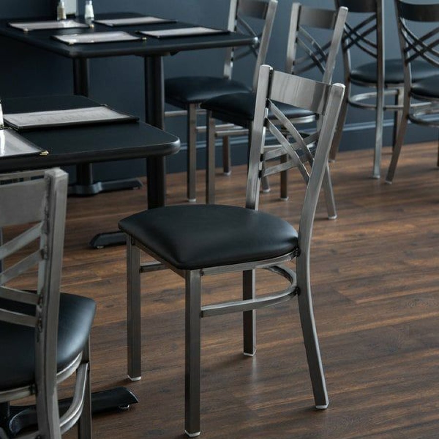 Restaurant Chairs * | Best Reviews Of Lancaster Table & Seating Clear Coat Steel Cross Back Chair With 2 1/2 Black Padded Seat