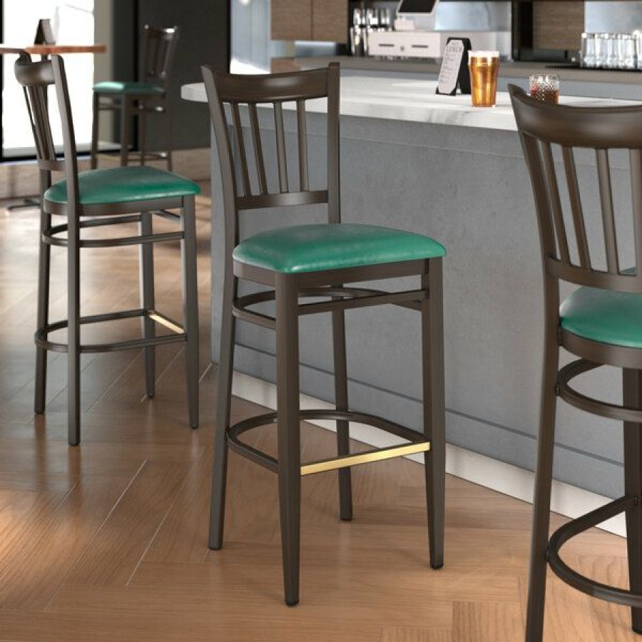 Restaurant Bar Stools * | Cheap Lt&S Spartan Series Lancaster Table & Seating Spartan Series Bar Height Metal Slat Back Chair With Walnut Wood Grain Finish And Green Vinyl Seat