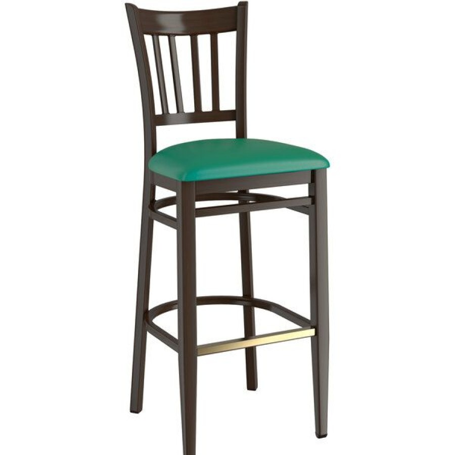 Restaurant Bar Stools * | Cheap Lt&S Spartan Series Lancaster Table & Seating Spartan Series Bar Height Metal Slat Back Chair With Walnut Wood Grain Finish And Green Vinyl Seat