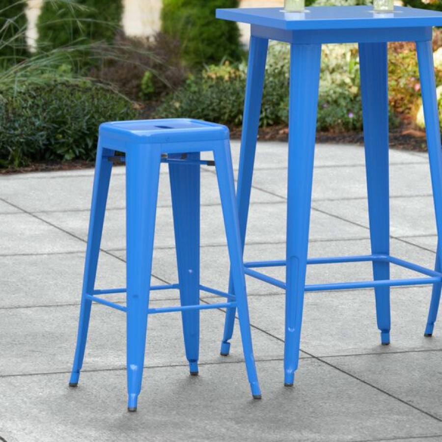 Outdoor Restaurant Bar Stools * | Top 10 Lt&S Alloy Series Lancaster Table & Seating Alloy Series Blue Stackable Metal Indoor / Outdoor Industrial Barstool With Drain Hole Seat