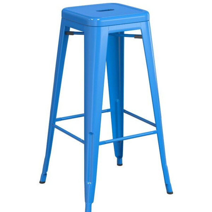 Outdoor Restaurant Bar Stools * | Top 10 Lt&S Alloy Series Lancaster Table & Seating Alloy Series Blue Stackable Metal Indoor / Outdoor Industrial Barstool With Drain Hole Seat