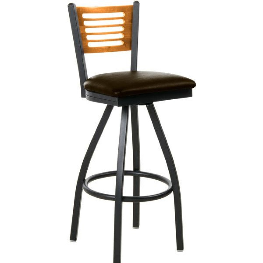 Restaurant Bar Stools * | Coupon Bfm Seating 2151Sdbv-Ntsb Espy Sand Black Metal Bar Height Chair With Natural Wooden Back And 2 Dark Brown Vinyl Swivel Seat