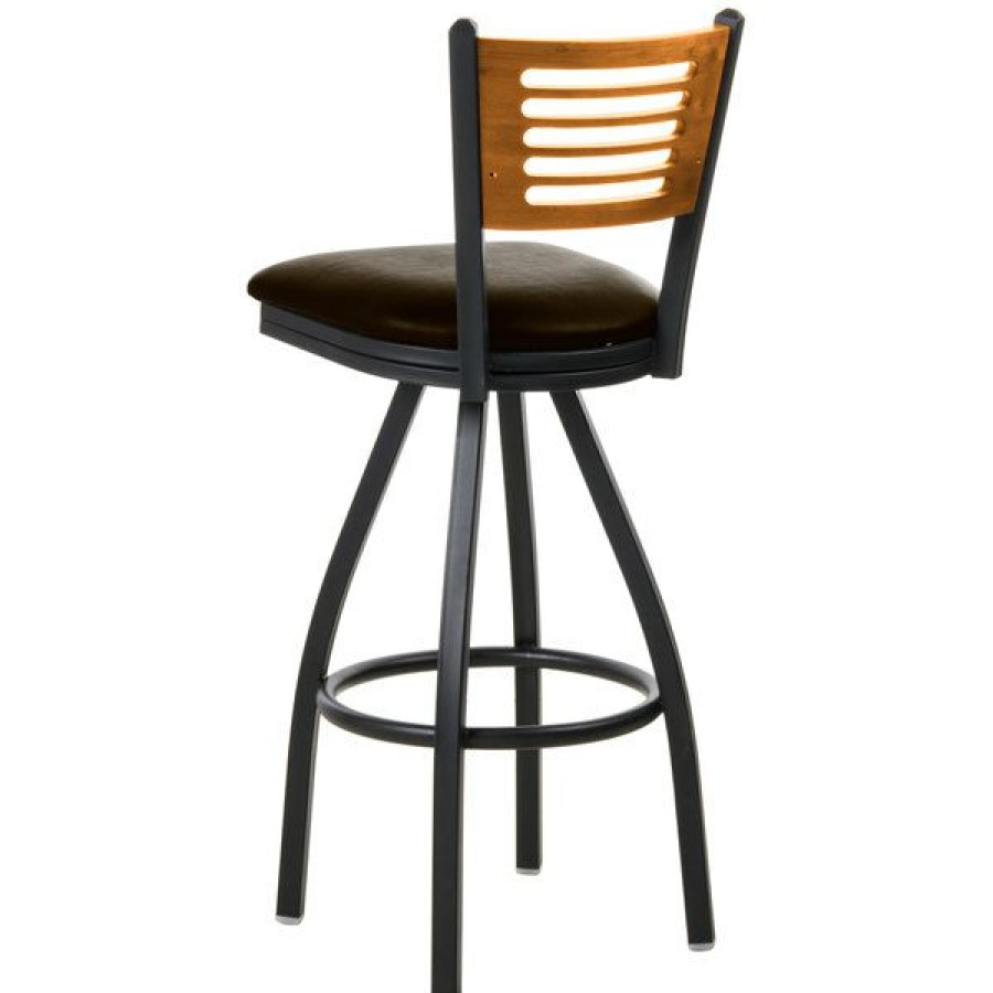 Restaurant Bar Stools * | Coupon Bfm Seating 2151Sdbv-Ntsb Espy Sand Black Metal Bar Height Chair With Natural Wooden Back And 2 Dark Brown Vinyl Swivel Seat