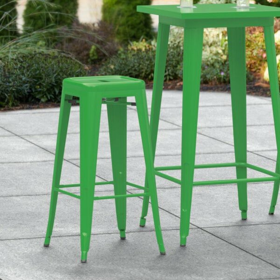 Outdoor Restaurant Bar Stools * | Wholesale Lt&S Alloy Series Lancaster Table & Seating Alloy Series Green Stackable Metal Indoor / Outdoor Industrial Barstool With Drain Hole Seat