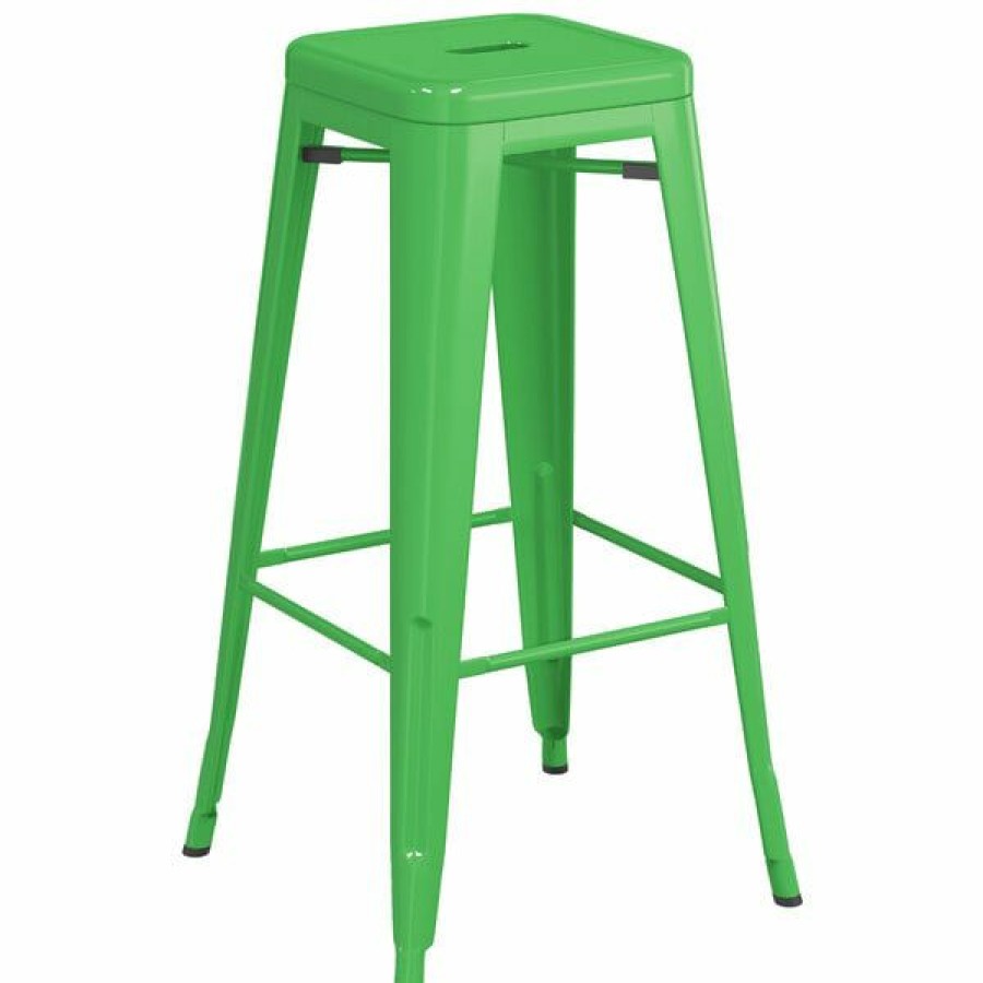 Outdoor Restaurant Bar Stools * | Wholesale Lt&S Alloy Series Lancaster Table & Seating Alloy Series Green Stackable Metal Indoor / Outdoor Industrial Barstool With Drain Hole Seat