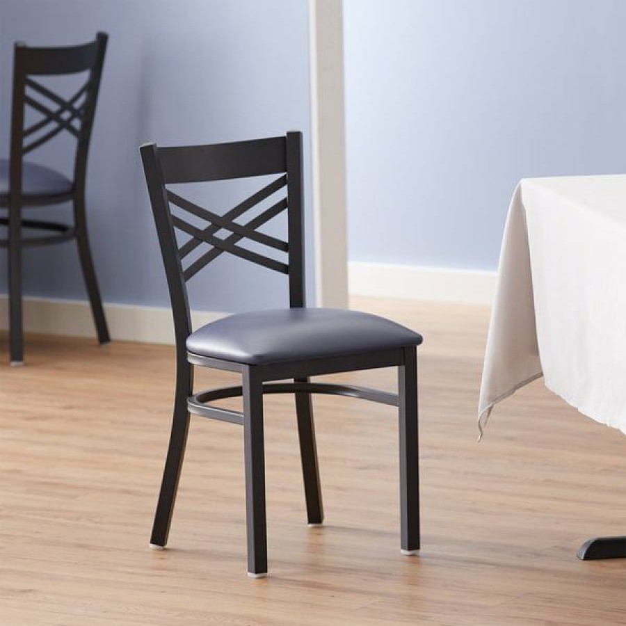 Restaurant Chairs * | Buy Lancaster Table & Seating Cross Back Black Chair With Navy Vinyl Seat