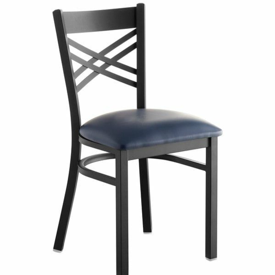 Restaurant Chairs * | Buy Lancaster Table & Seating Cross Back Black Chair With Navy Vinyl Seat