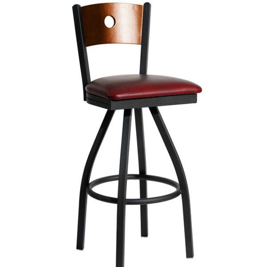 Restaurant Bar Stools * | Budget Bfm Seating 2152Sbuv-Chsb Darby Sand Black Metal Bar Height Chair With Cherry Wooden Back And 2 Burgundy Vinyl Swivel Seat