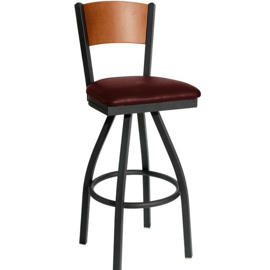 Restaurant Bar Stools * | Best Pirce Bfm Seating 2150Sbuv-Chsb Dale Sand Black Metal Swivel Bar Height Chair With Cherry Finish Wooden Back And 2 Burgundy Vinyl Seat