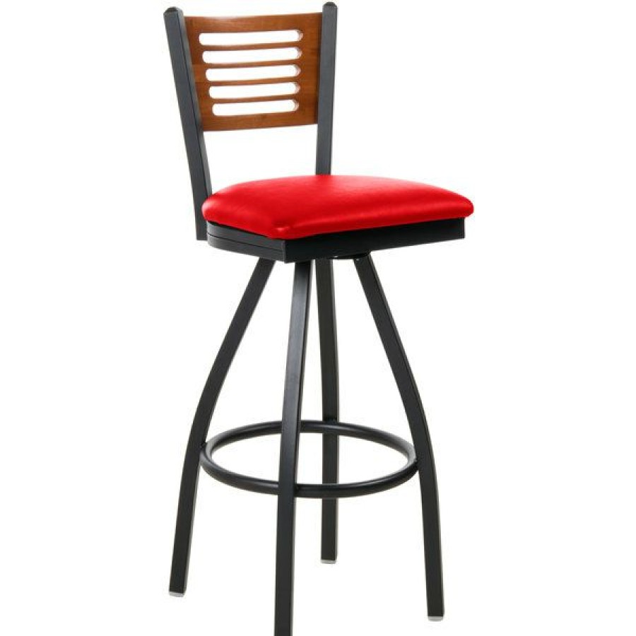 Restaurant Bar Stools * | Coupon Bfm Seating 2151Srdv-Chsb Espy Sand Black Metal Bar Height Chair With Cherry Wooden Back And 2 Red Vinyl Swivel Seat