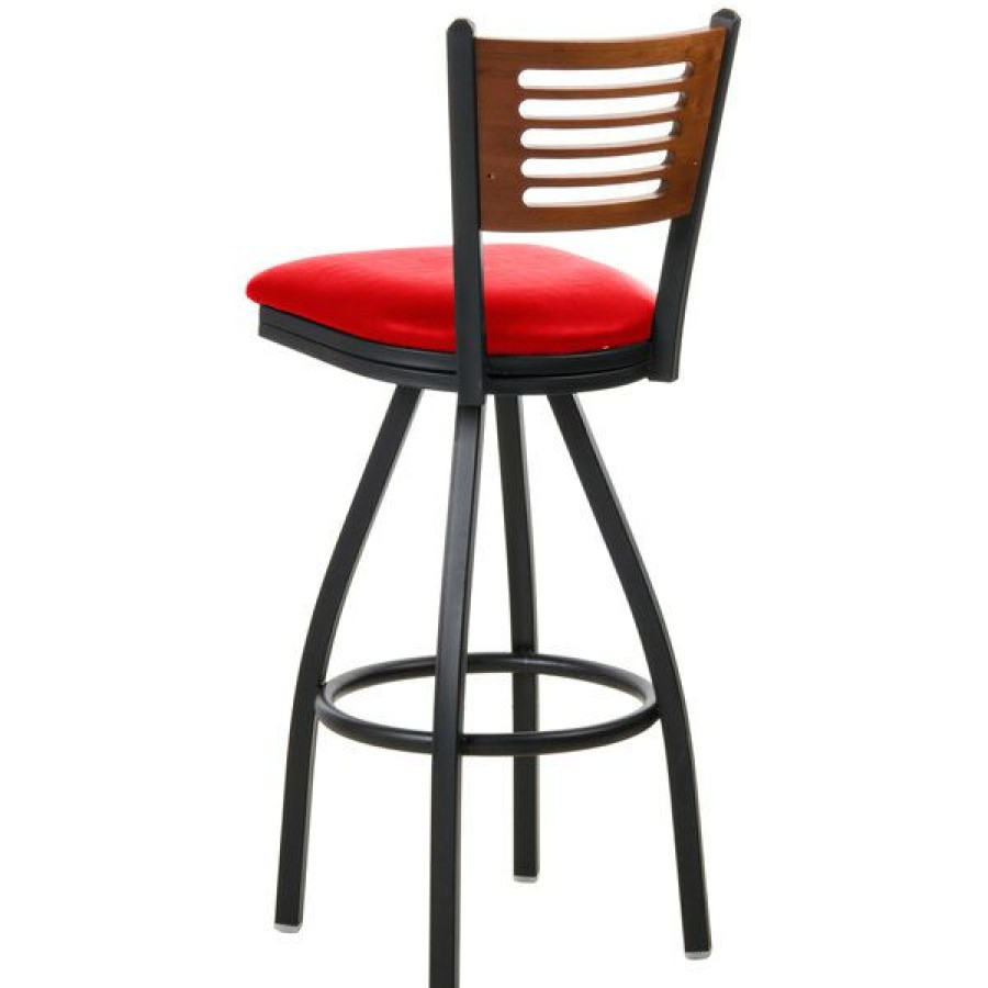 Restaurant Bar Stools * | Coupon Bfm Seating 2151Srdv-Chsb Espy Sand Black Metal Bar Height Chair With Cherry Wooden Back And 2 Red Vinyl Swivel Seat