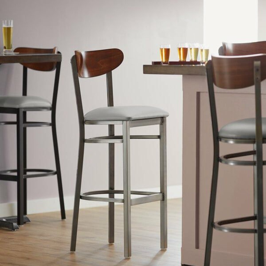 Restaurant Bar Stools * | Best Reviews Of Lt&S Boomerang Series Lancaster Table & Seating Boomerang Bar Height Clear Coat Chair With Light Gray Vinyl Seat And Antique Walnut Back