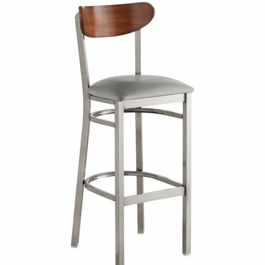 Restaurant Bar Stools * | Best Reviews Of Lt&S Boomerang Series Lancaster Table & Seating Boomerang Bar Height Clear Coat Chair With Light Gray Vinyl Seat And Antique Walnut Back