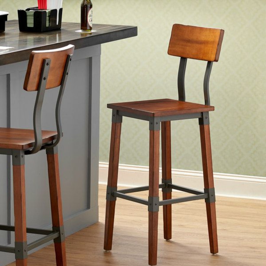 Restaurant Bar Stools * | Deals Lancaster Table & Seating Rustic Industrial Bar Height Chair With Antique Walnut Finish