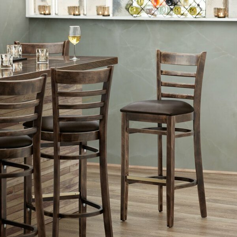 Restaurant Bar Stools * | Discount Lancaster Table & Seating Vintage Ladder Back Bar Height Chair With Dark Brown Padded Seat