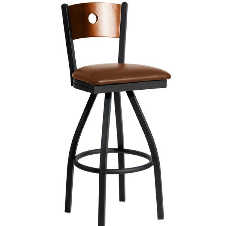 Restaurant Bar Stools * | Budget Bfm Seating 2152Slbv-Chsb Darby Sand Black Metal Bar Height Chair With Cherry Wooden Back And 2 Light Brown Vinyl Swivel Seat