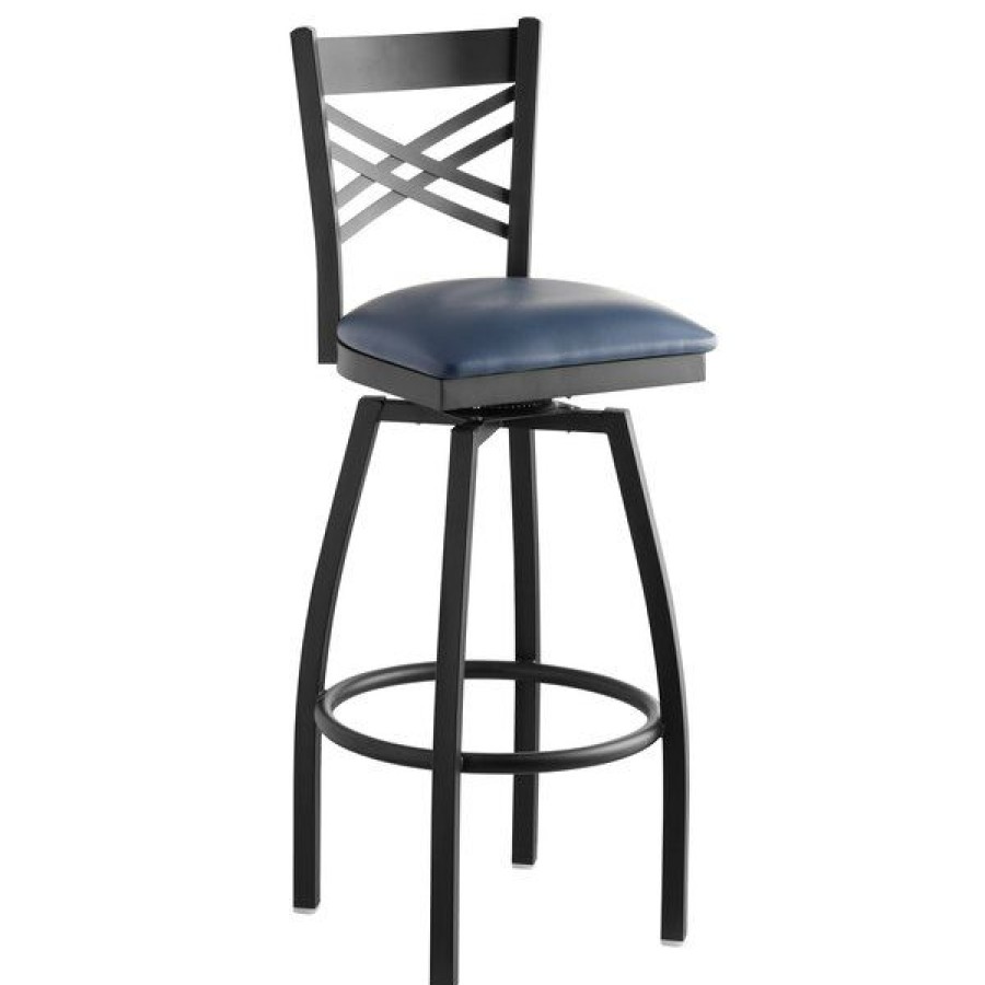 Restaurant Bar Stools * | Best Pirce Lancaster Table & Seating Cross Back Bar Height Black Swivel Chair With Navy Vinyl Seat