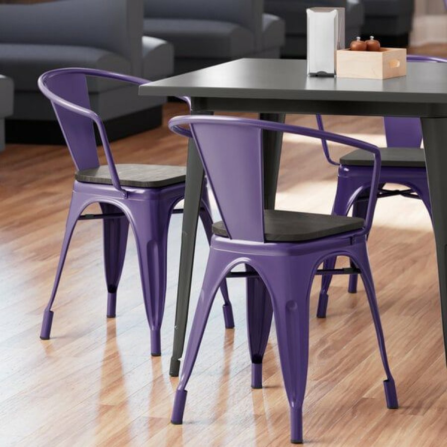 Restaurant Chairs * | Flash Sale Lt&S Alloy Series Lancaster Table & Seating Alloy Series Purple Metal Indoor Industrial Cafe Arm Chair With Black Wood Seat