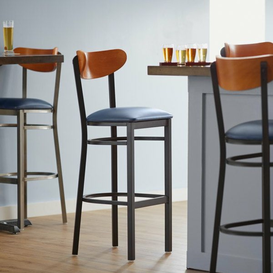 Restaurant Bar Stools * | Best Reviews Of Lt&S Boomerang Series Lancaster Table & Seating Boomerang Bar Height Black Chair With Navy Vinyl Seat And Cherry Back