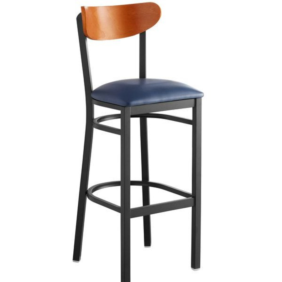 Restaurant Bar Stools * | Best Reviews Of Lt&S Boomerang Series Lancaster Table & Seating Boomerang Bar Height Black Chair With Navy Vinyl Seat And Cherry Back