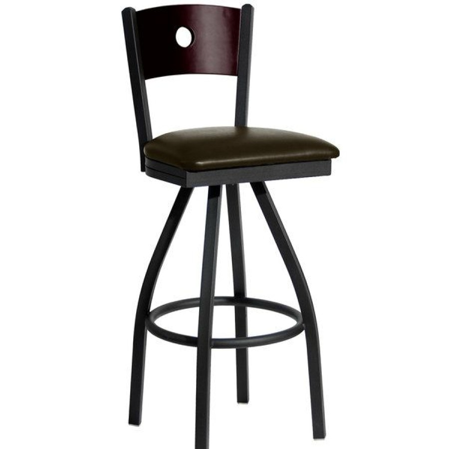 Restaurant Bar Stools * | Cheapest Bfm Seating 2152Sdbv-Mhsb Darby Sand Black Metal Bar Height Chair With Mahogany Wooden Back And 2 Dark Brown Vinyl Swivel Seat