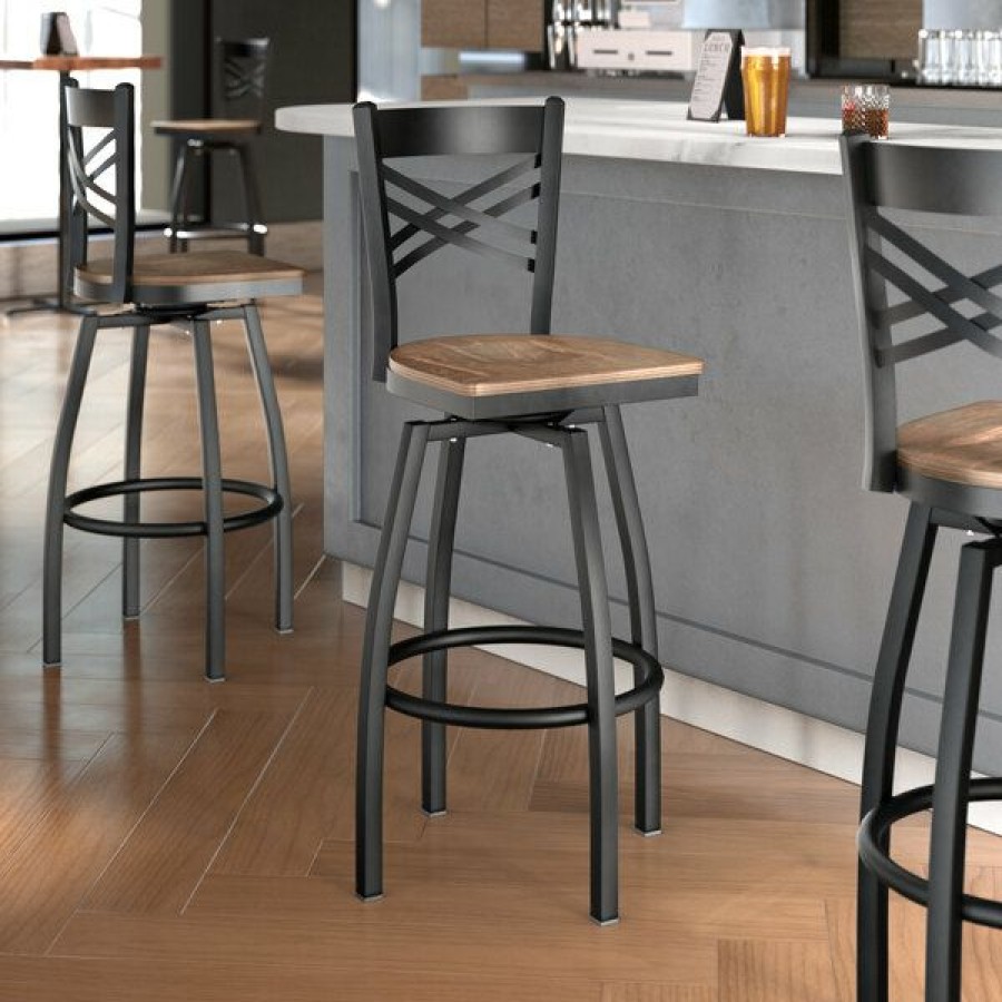 Restaurant Bar Stools * | Coupon Lancaster Table & Seating Cross Back Bar Height Black Swivel Chair With Vintage Wood Seat