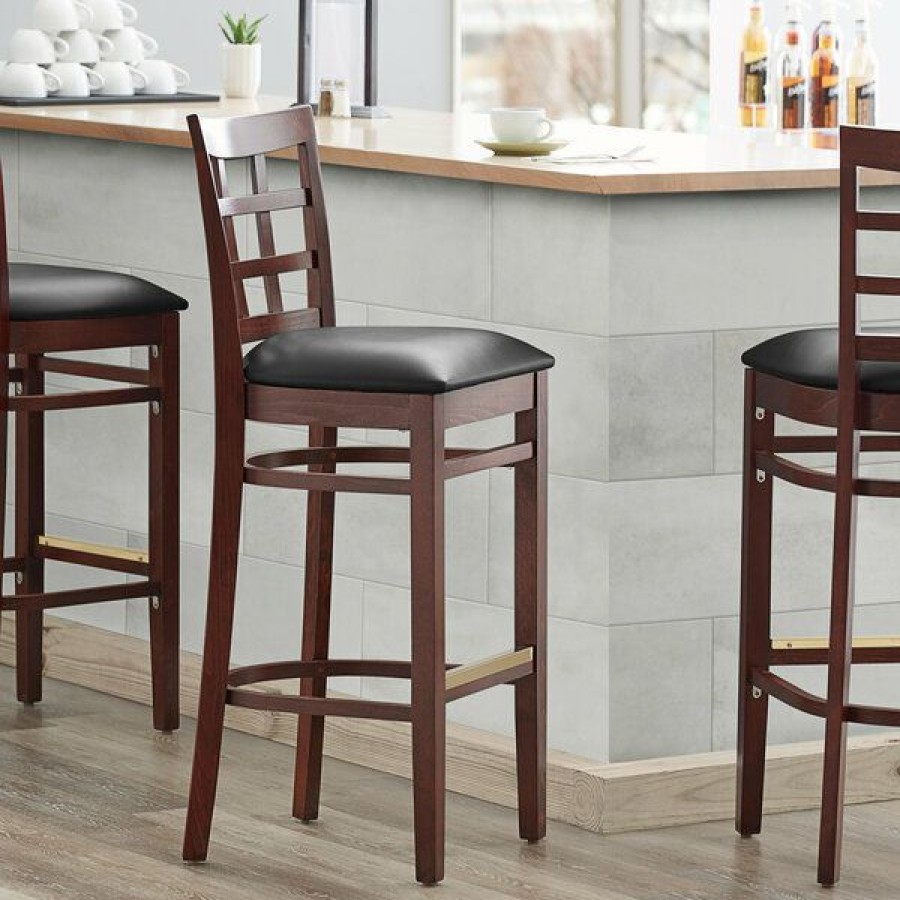 Restaurant Bar Stools * | Wholesale Lancaster Table & Seating Mahogany Window Back Bar Height Chair With Black Padded Seat