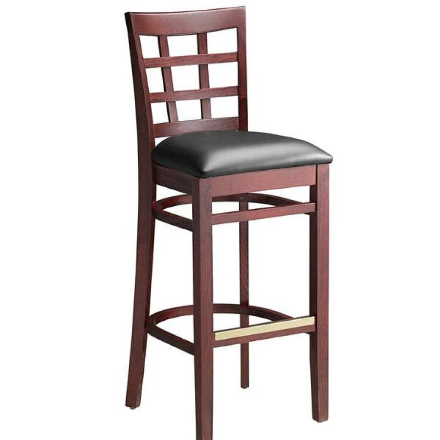 Restaurant Bar Stools * | Wholesale Lancaster Table & Seating Mahogany Window Back Bar Height Chair With Black Padded Seat