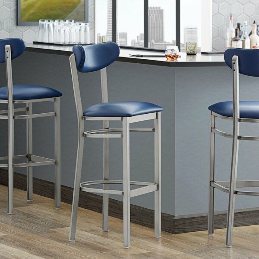 Restaurant Bar Stools * | Flash Sale Lt&S Boomerang Series Lancaster Table & Seating Boomerang Bar Height Clear Coat Chair With Navy Vinyl Seat And Back