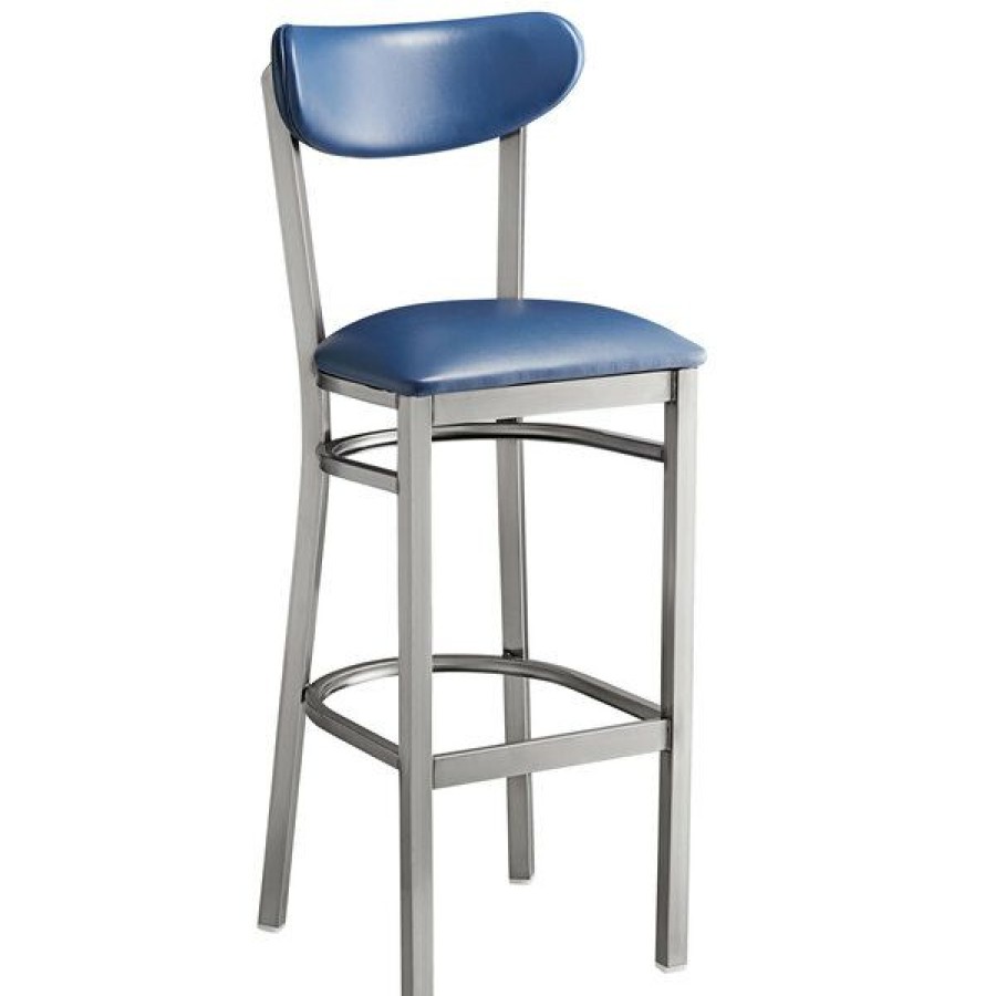 Restaurant Bar Stools * | Flash Sale Lt&S Boomerang Series Lancaster Table & Seating Boomerang Bar Height Clear Coat Chair With Navy Vinyl Seat And Back