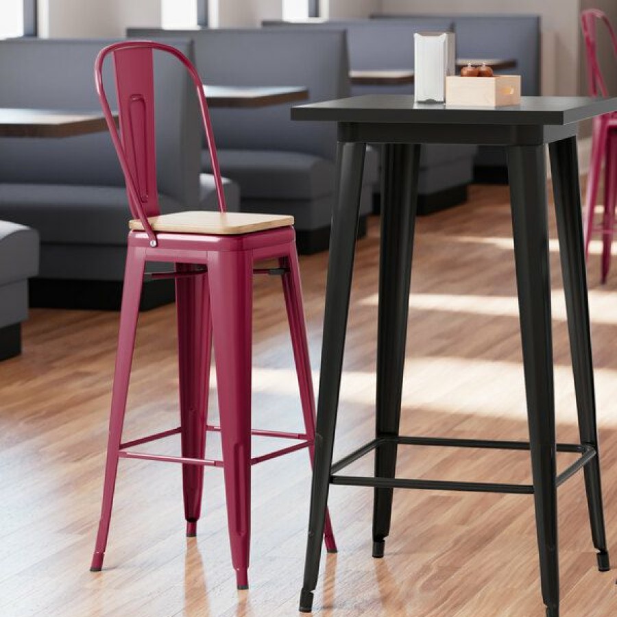 Restaurant Bar Stools * | Promo Lt&S Alloy Series Lancaster Table & Seating Alloy Series Sangria Metal Indoor Industrial Cafe Bar Height Stool With Vertical Slat Back And Natural Wood Seat