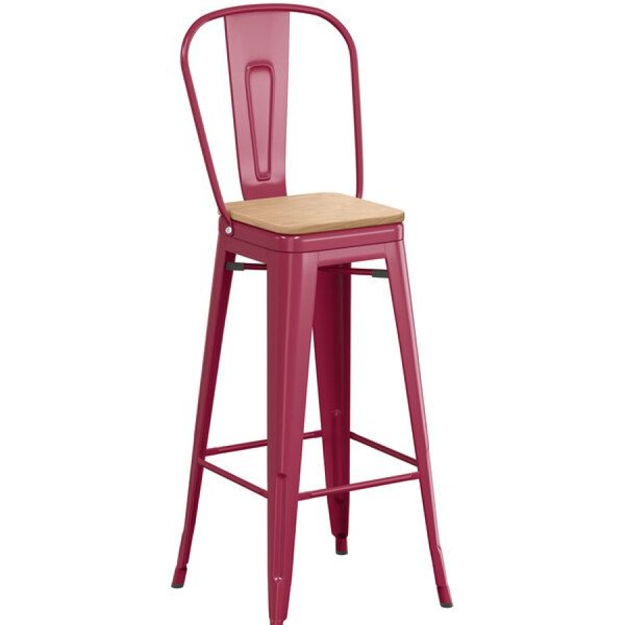 Restaurant Bar Stools * | Promo Lt&S Alloy Series Lancaster Table & Seating Alloy Series Sangria Metal Indoor Industrial Cafe Bar Height Stool With Vertical Slat Back And Natural Wood Seat