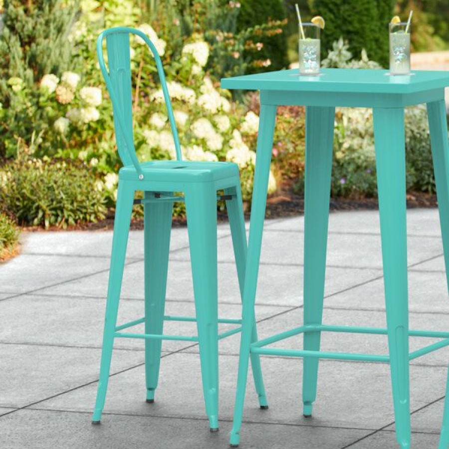 Outdoor Restaurant Bar Stools * | Wholesale Lt&S Alloy Series Lancaster Table & Seating Alloy Series Seafoam Metal Indoor / Outdoor Industrial Cafe Barstool With Vertical Slat Back And Drain Hole Seat