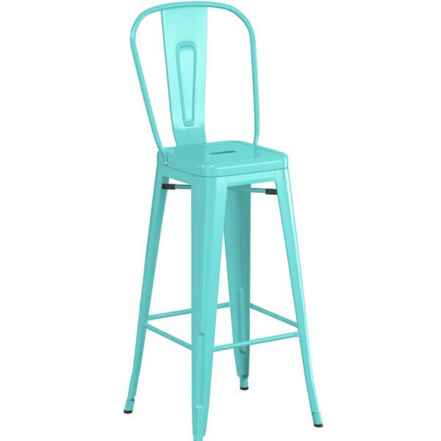 Outdoor Restaurant Bar Stools * | Wholesale Lt&S Alloy Series Lancaster Table & Seating Alloy Series Seafoam Metal Indoor / Outdoor Industrial Cafe Barstool With Vertical Slat Back And Drain Hole Seat