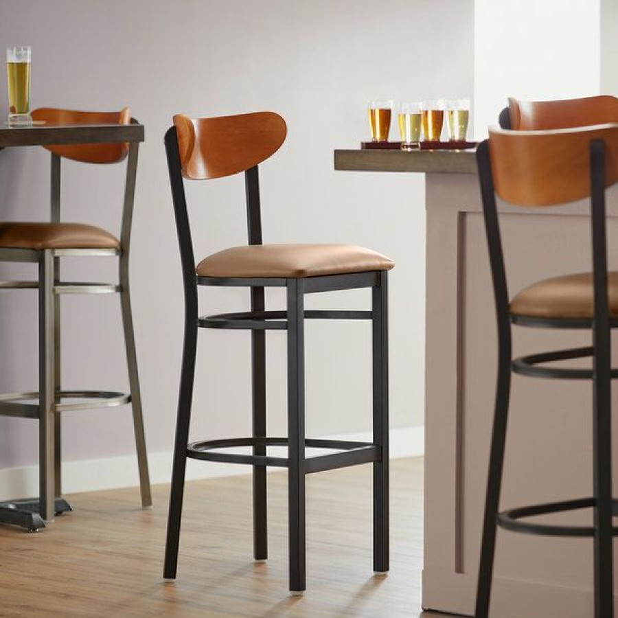 Restaurant Bar Stools * | New Lt&S Boomerang Series Lancaster Table & Seating Boomerang Bar Height Black Chair With Light Brown Vinyl Seat And Cherry Back