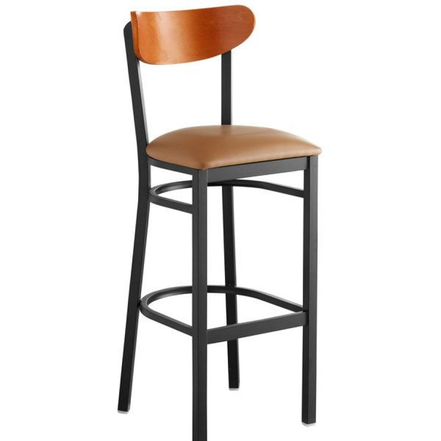 Restaurant Bar Stools * | New Lt&S Boomerang Series Lancaster Table & Seating Boomerang Bar Height Black Chair With Light Brown Vinyl Seat And Cherry Back