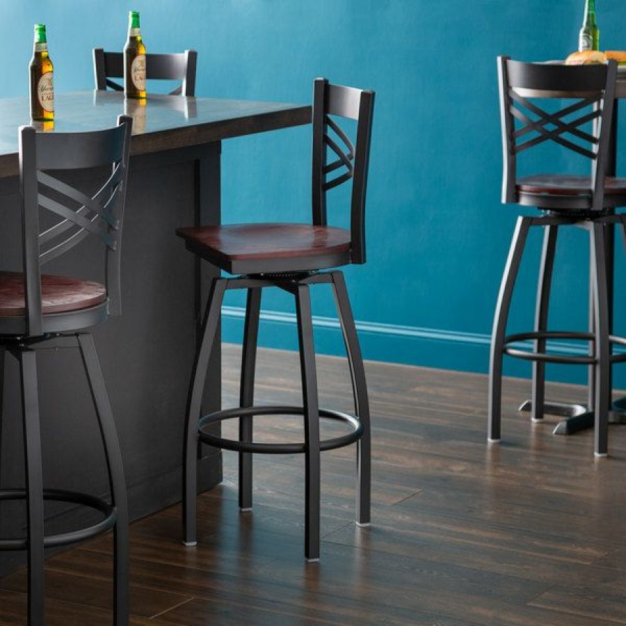 Restaurant Bar Stools * | Cheapest Lancaster Table & Seating Cross Back Bar Height Black Swivel Chair With Mahogany Wood Seat