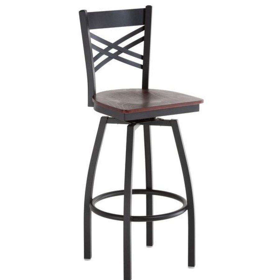 Restaurant Bar Stools * | Cheapest Lancaster Table & Seating Cross Back Bar Height Black Swivel Chair With Mahogany Wood Seat