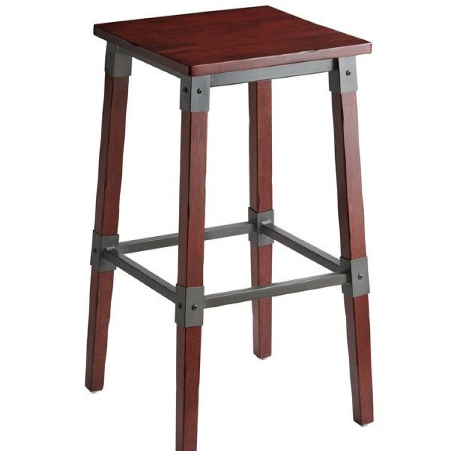 Restaurant Bar Stools * | Discount Lancaster Table & Seating Rustic Industrial Backless Bar Stool With Mahogany Finish