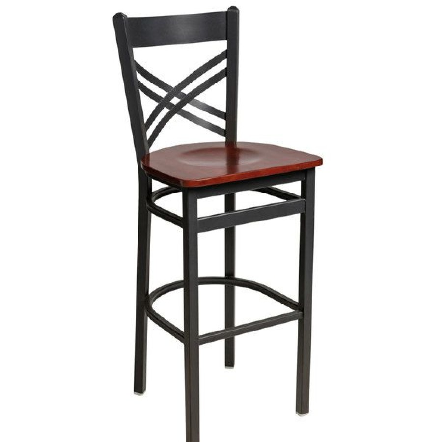 Restaurant Bar Stools * | New Bfm Seating 2130Bmhw-Sb Akrin Sand Black Steel Bar Height Chair With Cross Steel Back And Mahogany Wooden Seat