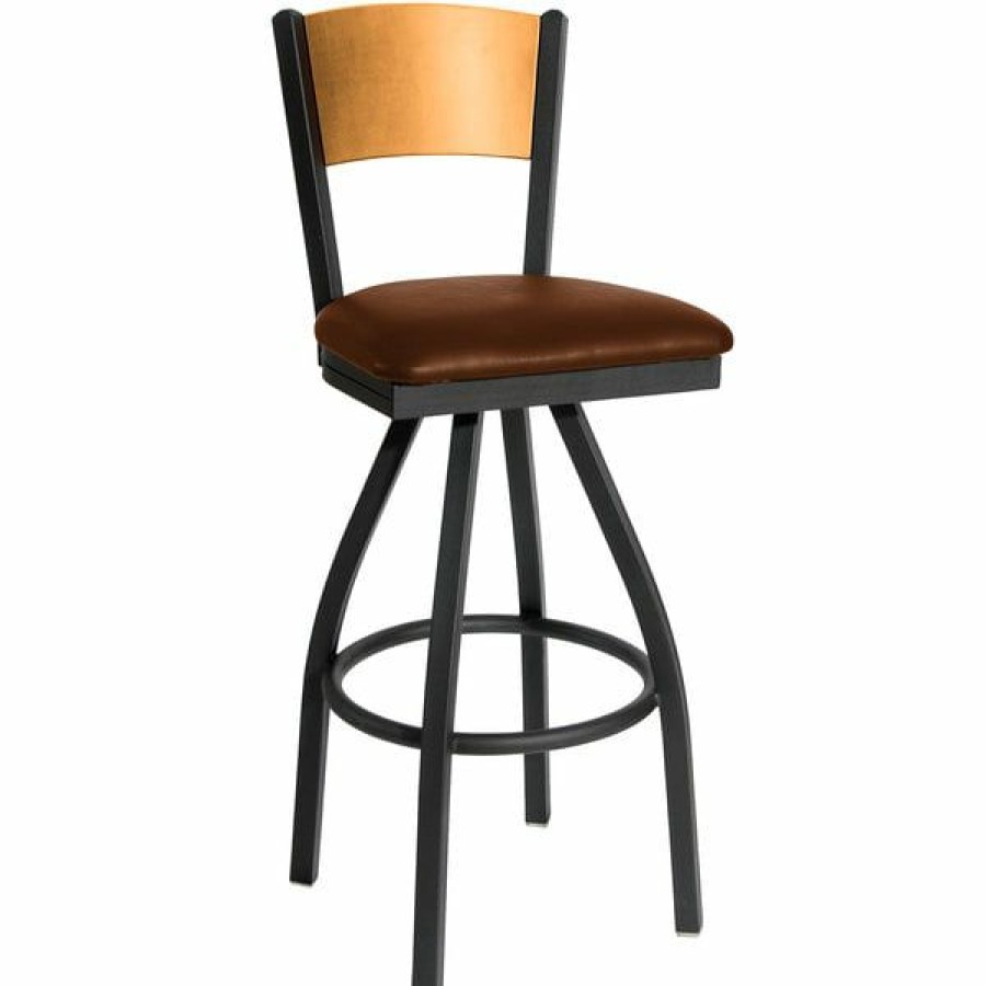 Restaurant Bar Stools * | Best Sale Bfm Seating 2150Slbv-Ntsb Dale Sand Black Metal Swivel Bar Height Chair With Natural Finish Wooden Back And 2 Light Brown Vinyl Seat