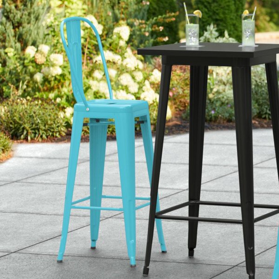 Outdoor Restaurant Bar Stools * | Best Sale Lt&S Alloy Series Lancaster Table & Seating Alloy Series Arctic Blue Metal Indoor / Outdoor Industrial Cafe Barstool With Vertical Slat Back And Drain Hole Seat