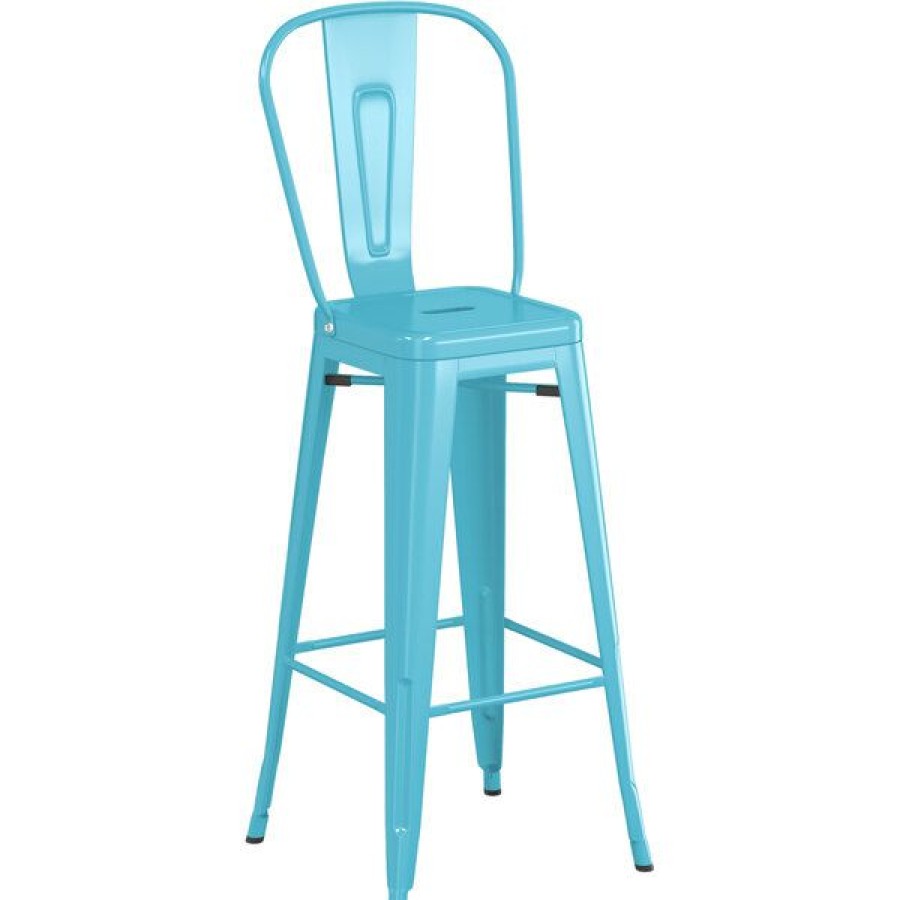 Outdoor Restaurant Bar Stools * | Best Sale Lt&S Alloy Series Lancaster Table & Seating Alloy Series Arctic Blue Metal Indoor / Outdoor Industrial Cafe Barstool With Vertical Slat Back And Drain Hole Seat