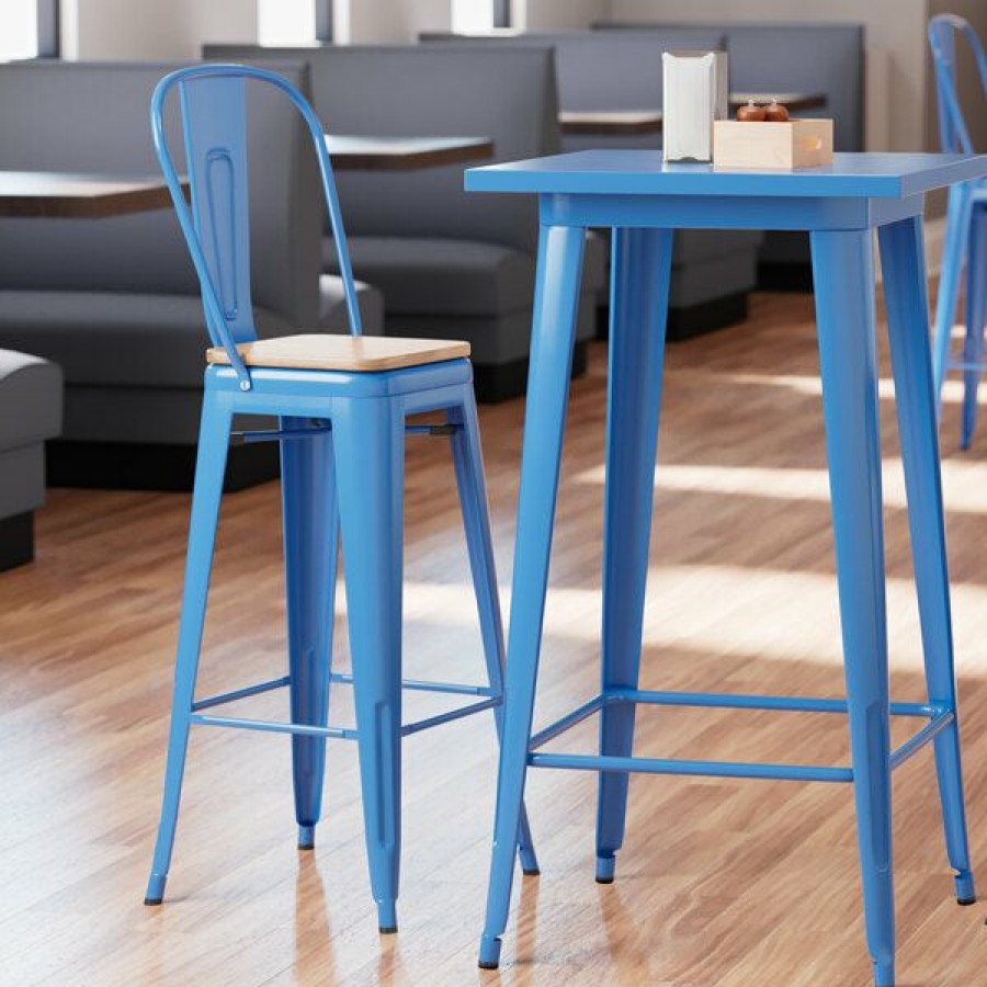 Restaurant Bar Stools * | Brand New Lt&S Alloy Series Lancaster Table & Seating Alloy Series Blue Metal Indoor Industrial Cafe Bar Height Stool With Vertical Slat Back And Natural Wood Seat