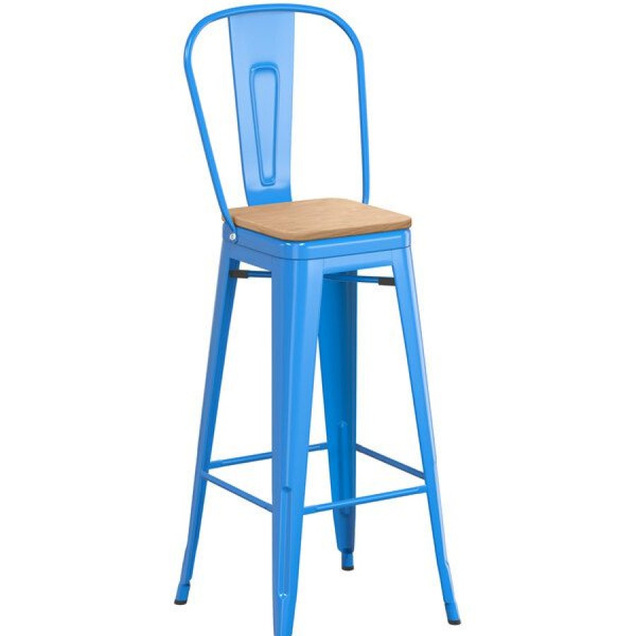 Restaurant Bar Stools * | Brand New Lt&S Alloy Series Lancaster Table & Seating Alloy Series Blue Metal Indoor Industrial Cafe Bar Height Stool With Vertical Slat Back And Natural Wood Seat